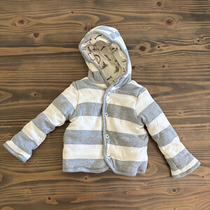 Baby Burt's Bees Hooded Jacket 0-3M White Gray Striped Organic Cotton Thick